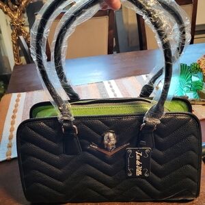 Lux de Ville Quilted Skull  with lime green  Purse Rockabilly Goth Emo